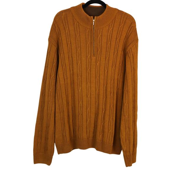Alan Flusser Tan Caramel Brown Mens Cable Knit Sweater 1/4 Zip Cotton XL Fall - Picture 1 of 6